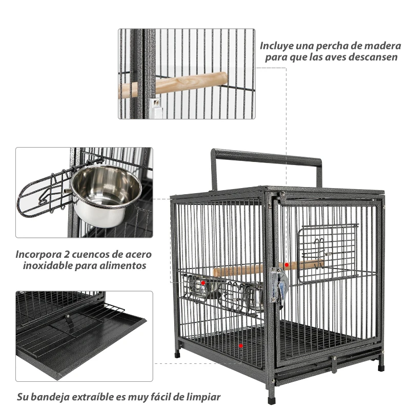 PawHut Jaula para Pájaros Portátil Jaula para Agapornis con 2 Perchas de Madera 2 Comederos de Acero Inoxidable y Bandeja Extraíble para Periquitos Canarios 45,7x35,5x45 cm Negro