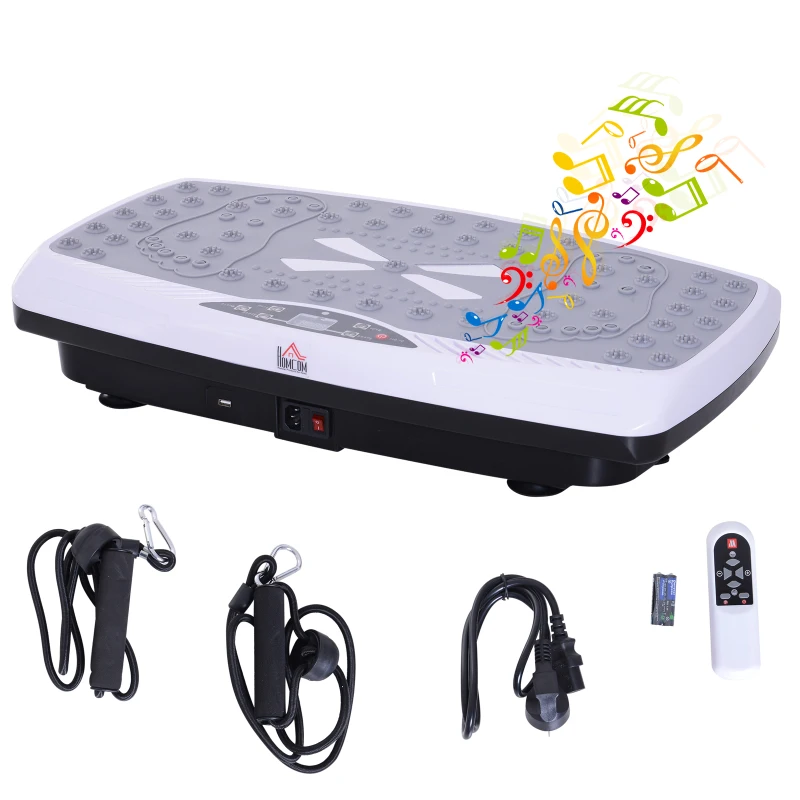 HOMCOM Plataforma Vibratoria Placa de Vibración para Fitness Entrenamiento 2 Bandas Elásticas Pantalla LED Control Remoto 200W 21 Programas 99 Velocidades Carga 120kg
