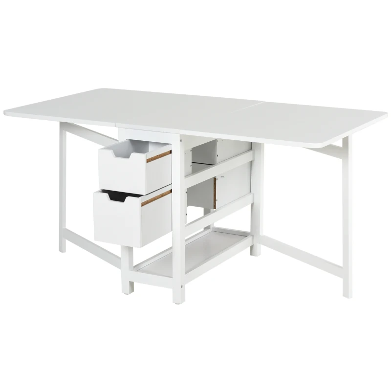 HOMCOM Mesa de Comedor Plegable Mesa Extensible con 2 Alas Laterales 2 Cajones y 1 Estante Almacenaje para Cocina Carga Total 50 kg 150x80x74 cm Blanco