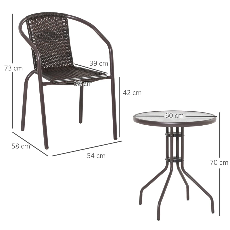 Outsunny Conjunto de Muebles de Jardín Ratán Set de 2 Sillas 58x54x73 cm y 1 Mesa Redonda de Vidrio Templado Ø60x70 cm Marco de Acero para Patio Terraza Balcón Marrón