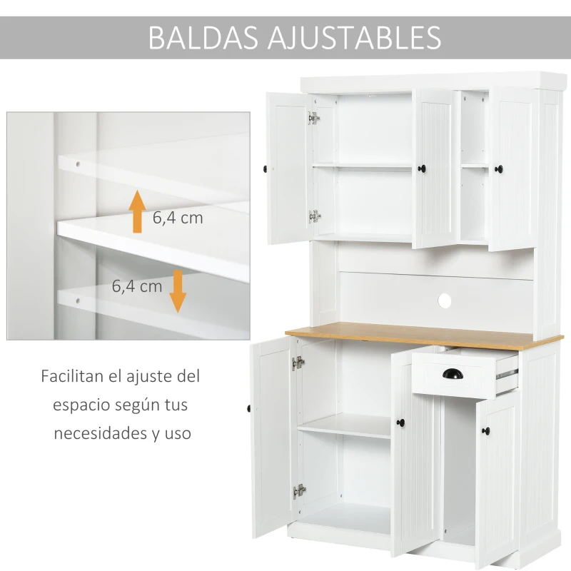 HOMCOM Armario Alacena de Cocina Buffet Aparador Organizador con 7 Estantes y un Cajón Extraíble 4 Puertas con Baldas Ajustables 101x39x180 cm Blanco