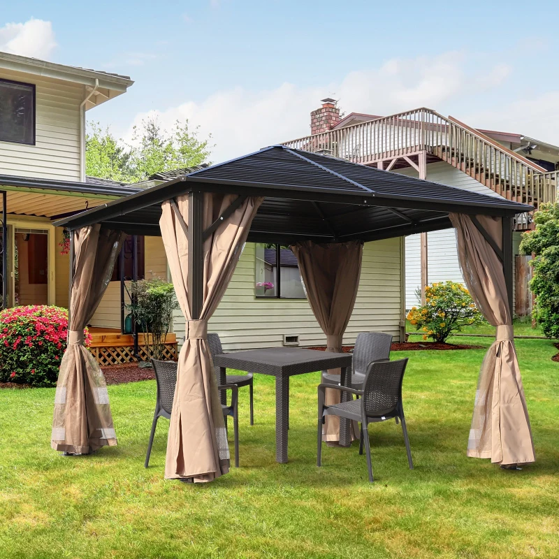 Outsunny Gazebo Pabellón Exterior Jardín 3x3m Carpa Cenador de Lujo Marco de Aluminio con Pared Lateral y Mosquitero para Fiesta Eventos