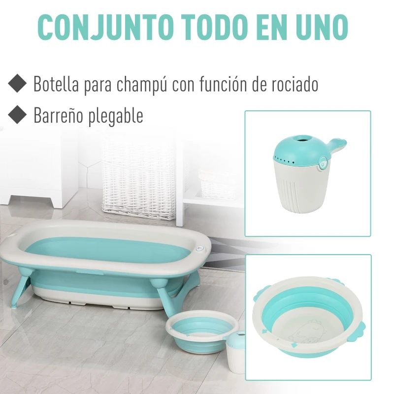 HOMCOM Bañera para Bebé Plegable 3 en 1 Juego de Ducha para 0-3 Años Portátil Bañera Lavabo Taza de Champú Ergonómico con Base Antideslizante 84,5x50,5x24 cm Turquesa