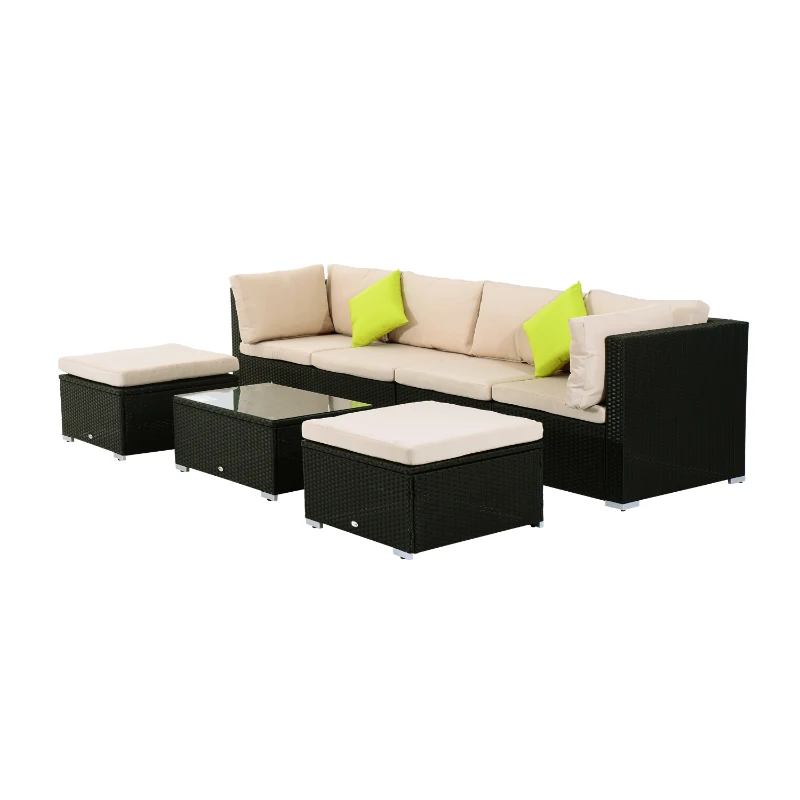 Outsunny Conjunto de Muebles de Ratán para Jardín y Terraza - 7 piezas Mesa Sofás y Taburetes - Color Negro