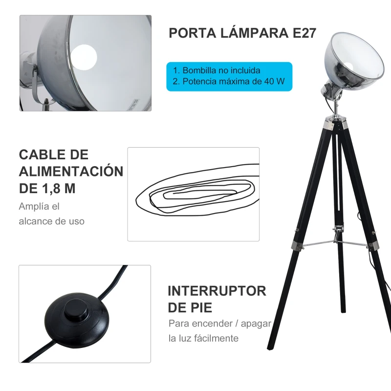 HOMCOM Lámpara de Pie Trípode Lámpara de Suelo Industrial y Retro con Altura Ajustable Interruptor de Pedal Pies Antideslizantes 65x65x100-140 cm Negro