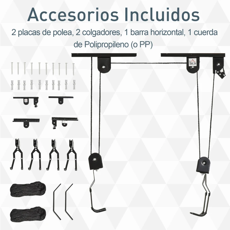 HOMCOM 2 Pares de Elevador para Bicicletas en el Techo Mediante Poleas Cuerdas Ganchos con Altura Ajustable Soporte para Bici al Techo Carga 20 kg Acero Negro