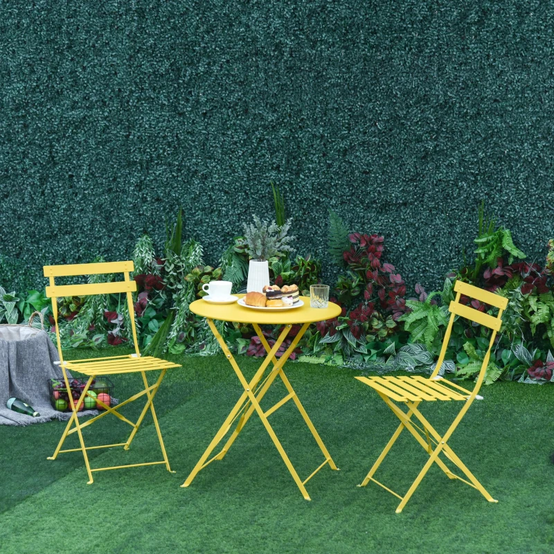 Outsunny Conjunto Muebles Plegables de Jardín de 3 piezas Mesa y 2 Sillas de Metal para Balcón Terraza Exteriores Ø60x71 cm Amarillo