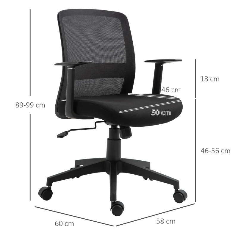 Vinsetto Silla de Oficina Ligera Silla de Juvenil con Altura Ajustable Reposabrazos Soporte Lumbar Respaldo Transpirable y Función Basculante 58x60x89-99 cm Negro