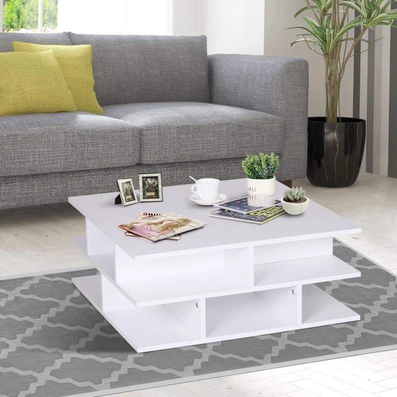 HOMCOM Mesa de Centro con Estante Inferior para Almacenamiento Mesa de Café Té 3 Niveles Mesa de Centro con Revistero Incorporado para Salón Dormitorio 70x70x29cm