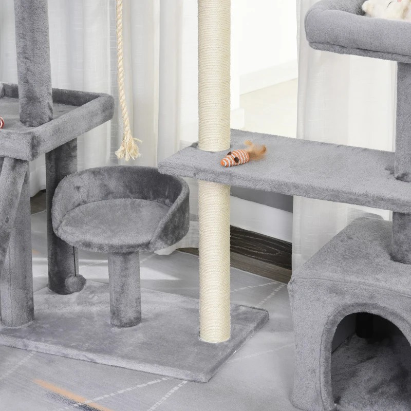 PawHut Árbol para Gatos Torre de Escalada Múltiples Actividades con Plataformas Camas Cueva Cómoda Postes Rascadores Escalera Juguetes Colgantes 124x40x136 cm Gris Oscuro