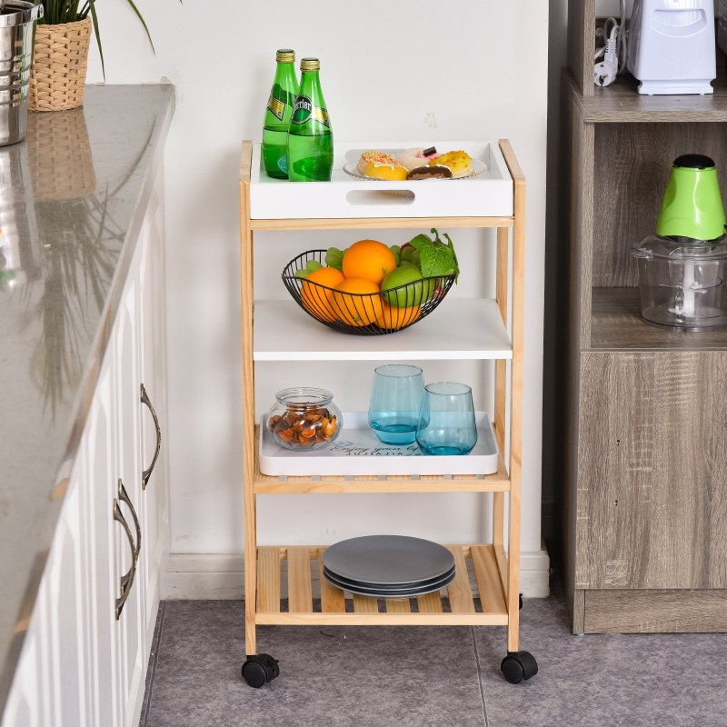 HOMCOM Carrito de Cocina Carrito de Servicio Doméstico de 4 Niveles con Una Bandeja Extraíble Estante Ruedas Universales 40x30x76cm