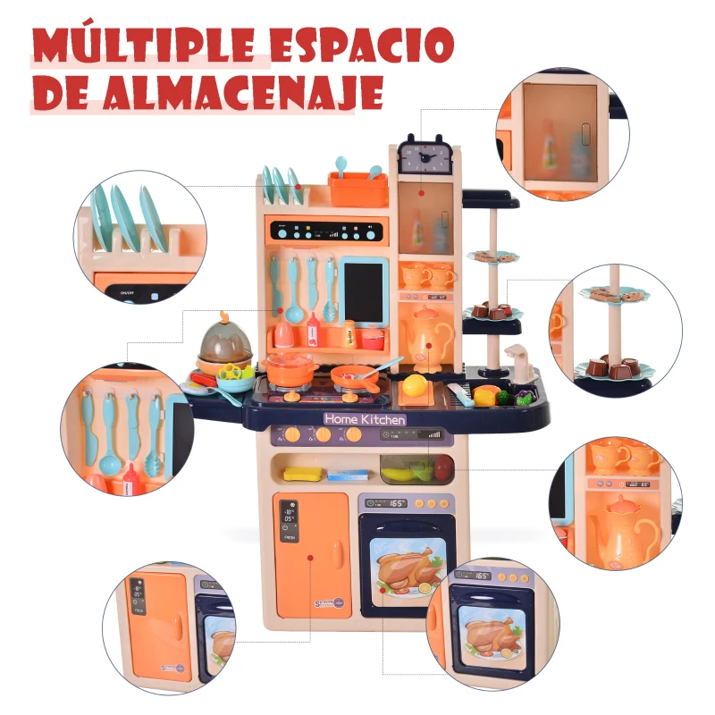 HOMCOM Cocinita para Niños con Luces Música Absoluta Funciones de Agua Cocina de Juguete Infantil 65 Piezas Alimentos Cubiertos +3 Años 71x28,5x93,5 cm Azul