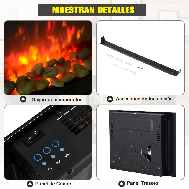 HOMCOM Chimenea Eléctrica de Pared Estufa Eléctrica Calentador de Fuego 900/1800W con Mando a Distancia Termostato Llama LED 7 Colores 66x52x15.5cm