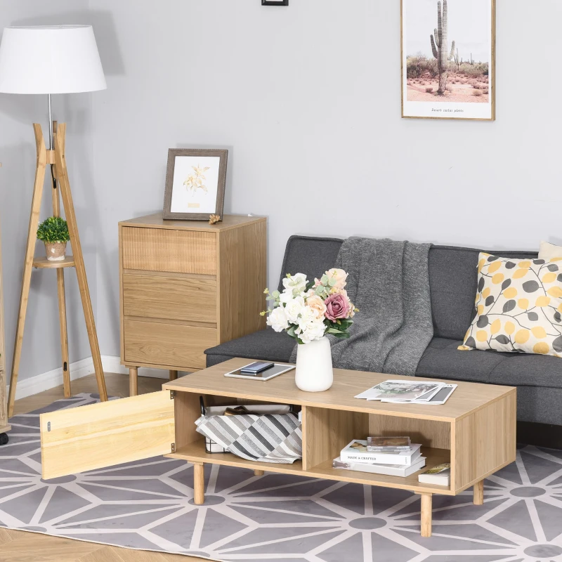 HOMCOM Mesa de Centro de Madera Mesita de Café Moderna con 2 Compartimentos para Sala de Estar 110x50x41,5 cm Natural