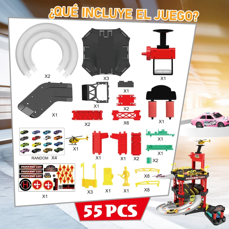 HOMCOM Juego de Garaje Infantil Parking para Niños de +3 Años con 55 Accesorios Incluidos 4 Coches 1 Helicóptero Elevador Funcional 62x52x51 cm Rojo Negro