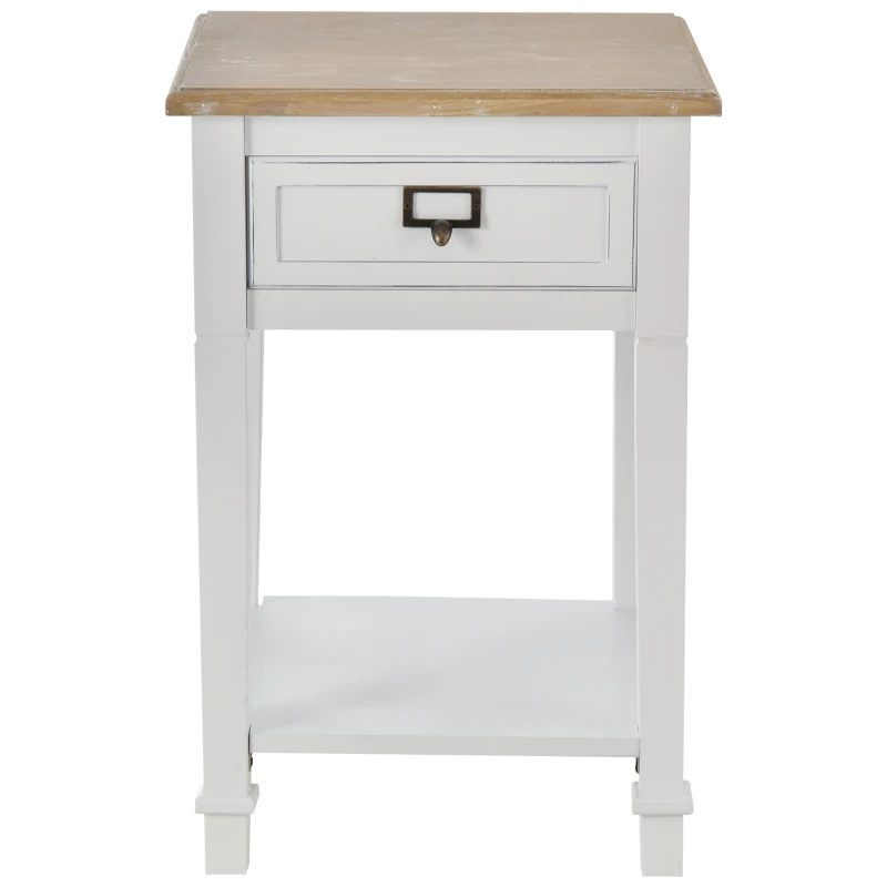 HOMCOM Mesita de Noche Mesa Auxiliar Multifuncional Diseño Retro Envejecido con Cajón y Estante Revestimiento Pintura 39,8x39,8x60,5cm