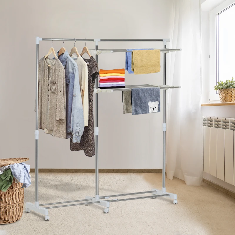 HOMCOM Perchero Burro Ajustable de Ropa Perchero Multiuso con Ruedas y Frenos Tendedero para Secado de Ropa Tubos de Acero Inoxidable 172x55x158cm