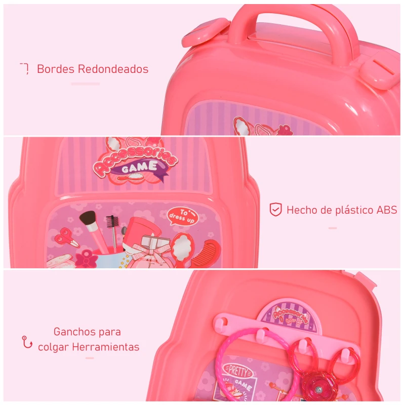 HOMCOM Maletín de Belleza para Niñas de +3 Años Juguete de Peluquería Diseño 3 en 1 Mochila Bolso Mesa con Espacio de Almacenaje 30x28x30 cm Rosa
