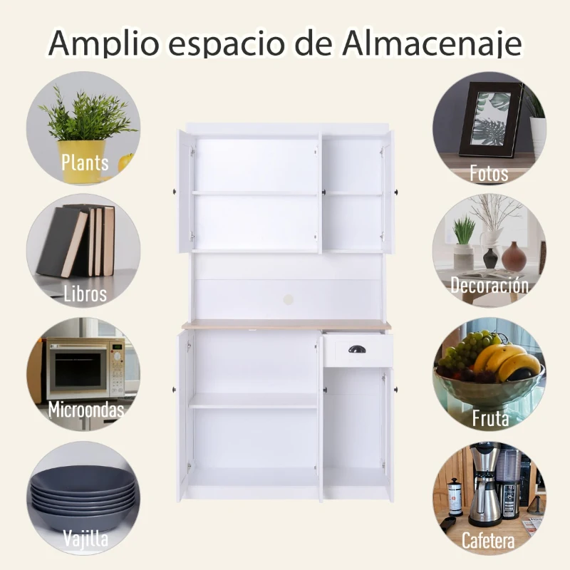 HOMCOM Armario Alacena Buffet Aparador de Cocina Mueble Auxiliar Organizador con 7 Estantes y un Cajón Extraíble 4 Puertas con Estantes Ajustables 101x39x180cm Madera