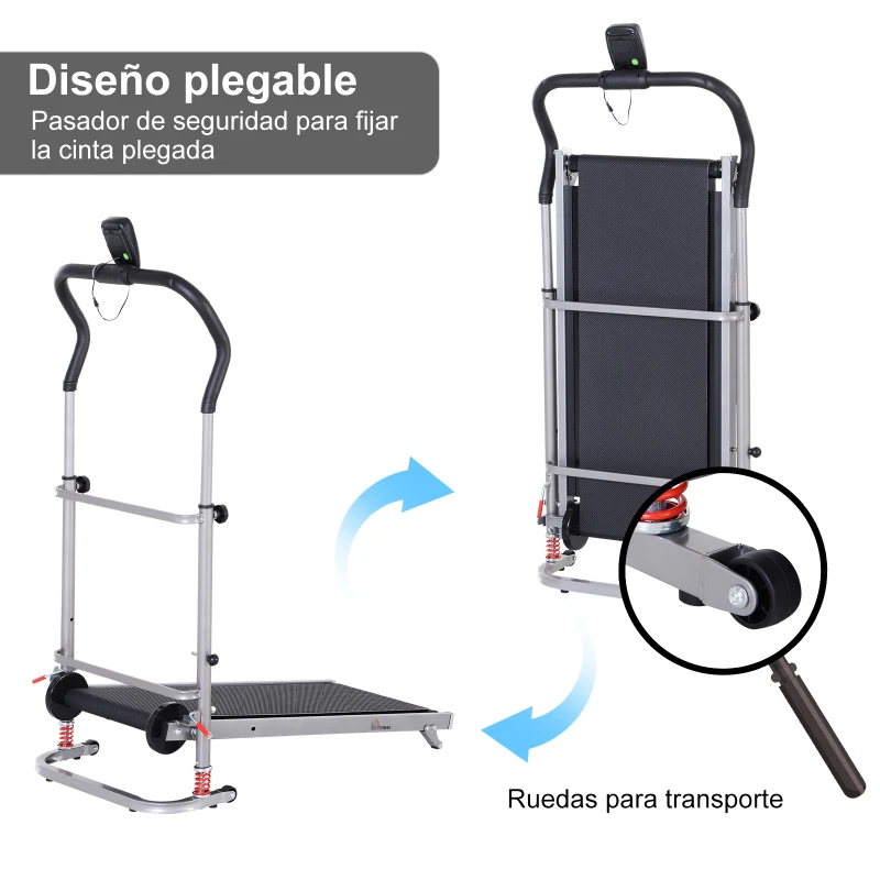 HOMCOM Cinta de Andar Manual Caminadora Plegable Portátil Pantalla LCD 2 Ángulos Reclinables Carga 110kg Altura 112-129cm