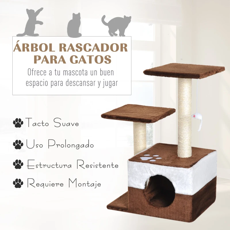 PawHut Árbol Rascador para Gatos Altura 70 cm con Cueva de Felpa Suave 2 Plataformas Postes Rascadores de Sisal Natural y Ratón de Juguete 45x33x70 cm Marrón Café