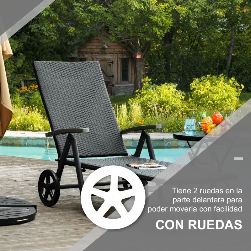 Outsunny Tumbona de Jardín de Ratán 192x74x55 cm con Respaldo Reclinable en 7 Posiciones Reposabrazos y Ruedas Marco de Aluminio para Patio Terraza Balcón Negro