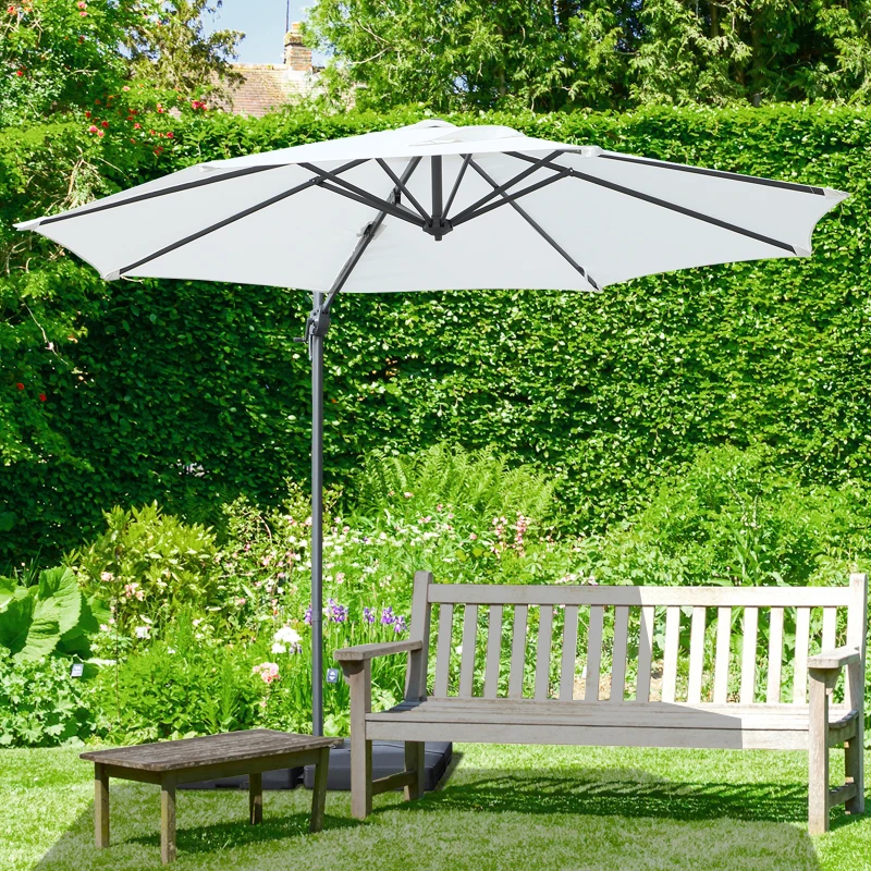 Outsunny Sombrilla de Aluminio Jardín Ø300x250 cm Parasol Excéntrico con Rotación 360° Inclinación de 6 Niveles con Manivela Ventilación y Base Cruzada para Patio Terraza Crema