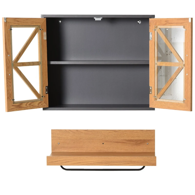 kleankin 2 Muebles de Baño Colgante Armario y Estante Abierto de Pared con Toallero y Puertas de Vidrio de Cierre Magnético Cocina 61x19,5x51 cm Madera Natural