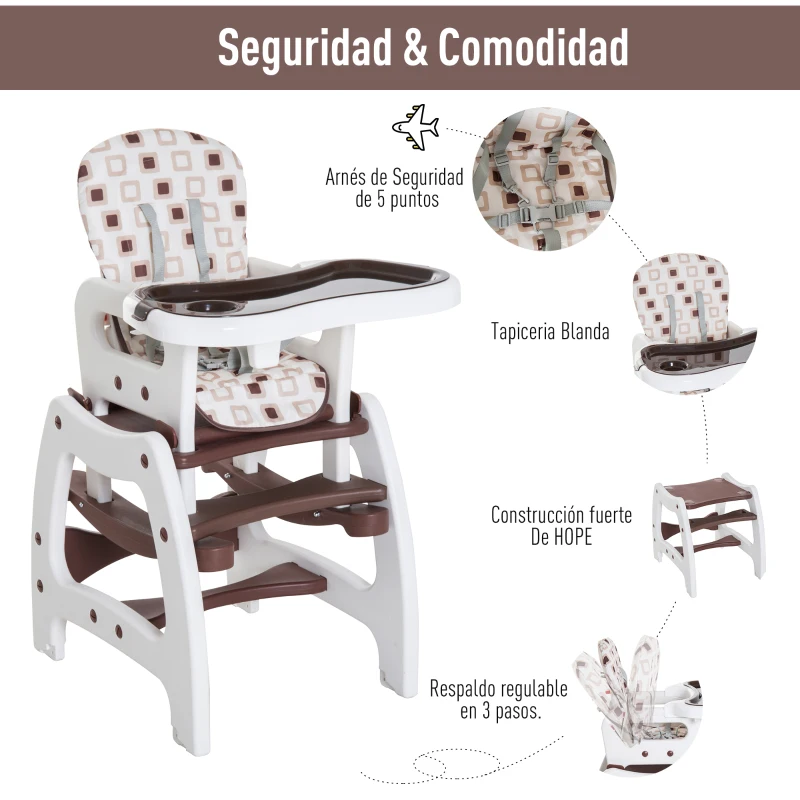 HOMCOM Trona para Bebé Multifuncional Convertible en Silla Mecedora y Silla+Mesa con Cinturón de Seguridad (Café)