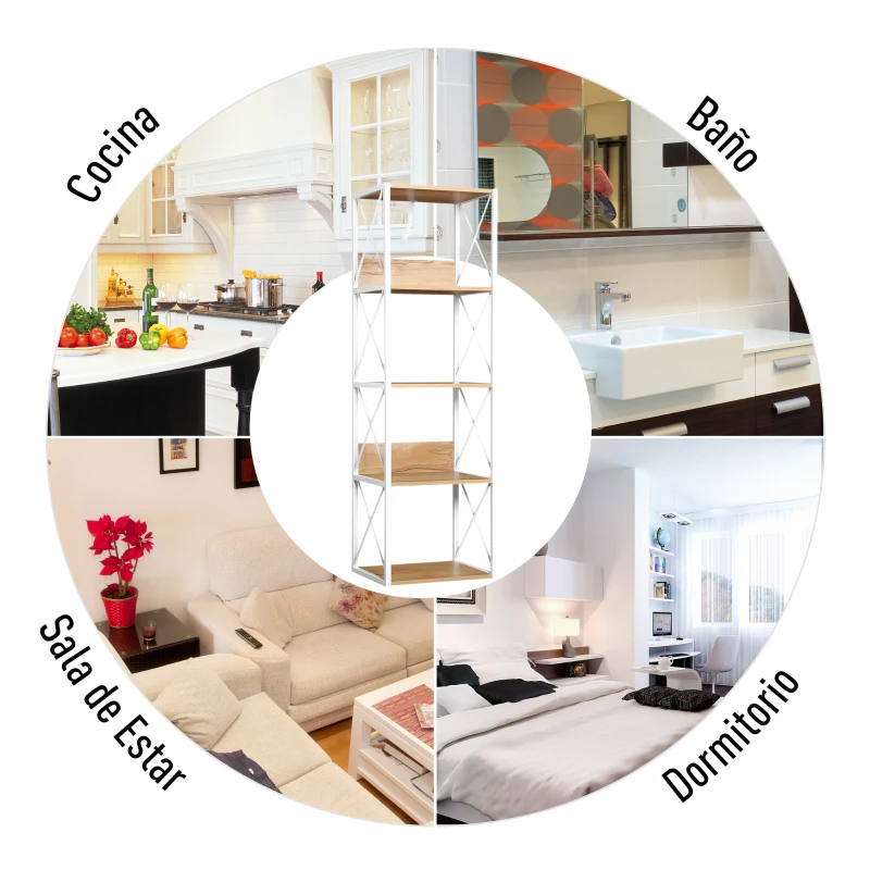 HOMCOM 5 Niveles Estantería de Madera para Baño Salón Multifuncional Librería Organizador Marco Acero Estante de Almacenamiento 40x35x143.5cm