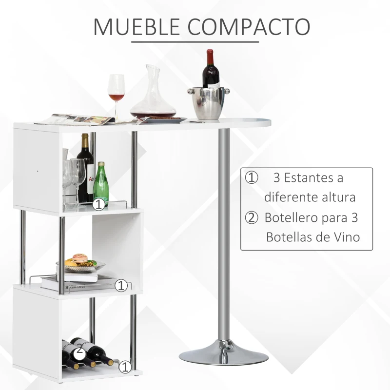 HOMCOM Mesa de Bar Mesa Bistró de Comedor con 3 Estantes y Botellero para Vino Mesa Moderna y Elegante Metal Antivuelco 113x40x105 cm Blanco