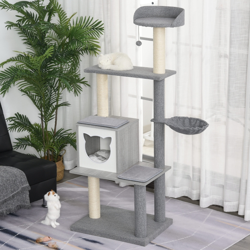 PawHut Árbol para Gatos Torre de Escalada de Múltiples Niveles con Cueva Espaciosa Hamaca Suave Postes Rascadores Juguete Colgante Cubierto de Felpa 61x49x160,5 cm Gris