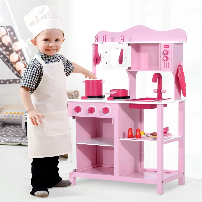 HOMCOM Cocina de Juguete para Niños Set Juego Cocinita Madera Infantil 3 Años Juego de Imitación 60x30x84.5cm Rosa