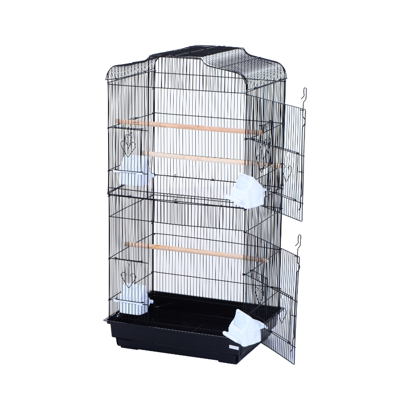 PawHut Jaula para Pájaros Pajarera con 2 Puertas 4 Comederos y 3 Perchas Columpio Asa de Transporte para Loro Canario Periquito Marco Metálico 47,5x36x91 cm Negro