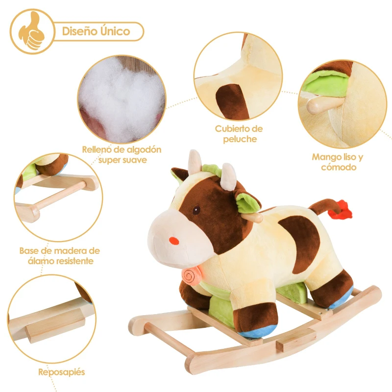 HOMCOM Caballito Balancín de Peluche para Niños +3 Años Forma Vaca 60x34x46cm