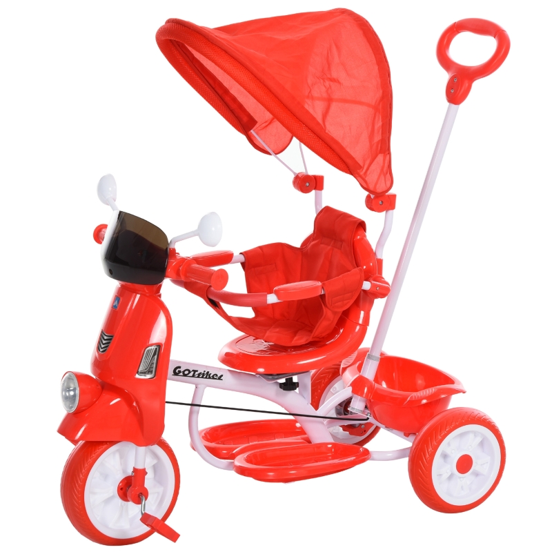 HOMCOM Triciclo Evolutivo Infantil Silla de Paseo Infantil con Función de Luz y Música Barra de Seguridad y Toldo Retráctil Asiento 93x51x94 cm Rojo