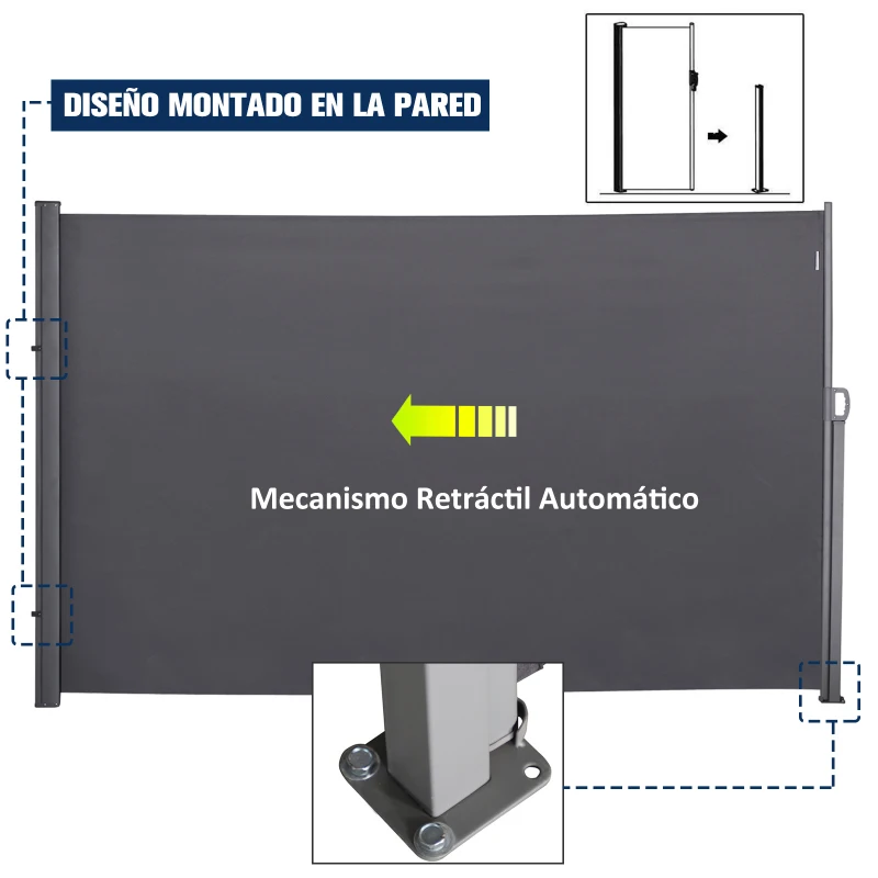 Outsunny Pantalla de Toldo Lateral Retráctil 300x180cm para Terraza Patio o Jardín de Mampara de Privacidad para Exterior Plegable Gris