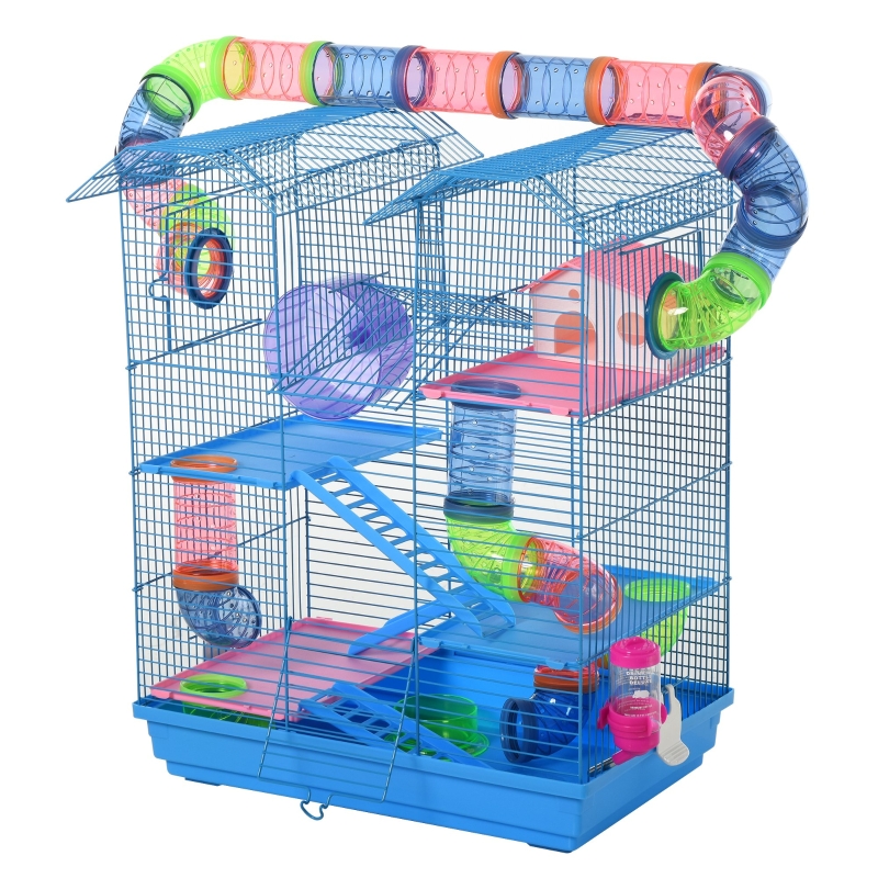 PawHut Jaula para Hámster Hábitat para Animales Pequeños de Múltiples Niveles con 4 Plataformas Bebedero Rueda de Ejercicio Escaleras Sistema de Tubos 47x30x59 cm Azul