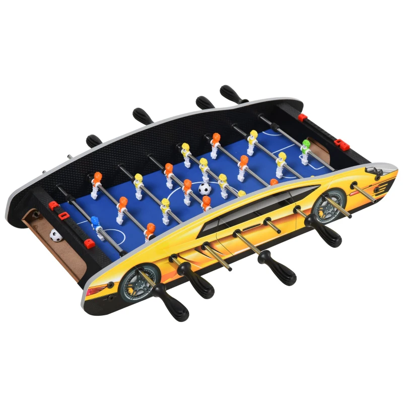 HOMCOM Mesa de Futbolín Mesa de Madera Fútbol para Hogar Oficina Sala de Juegos con Tabla de Puntaje 2 Bolas Coordinación Ojo-mano 61x28,2x11,6 cm Amarillo y Azul