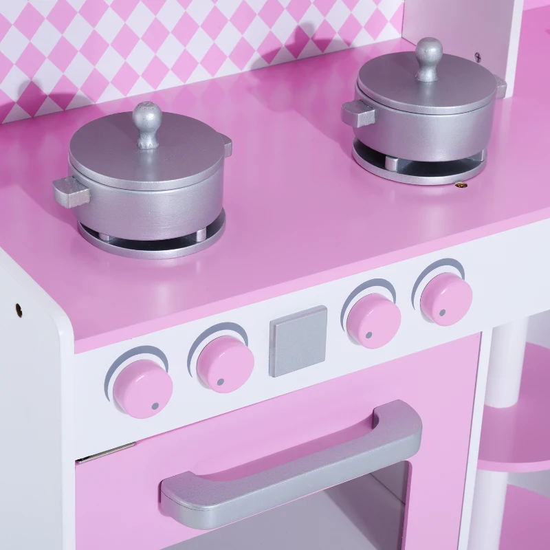 HOMCOM Cocina de Juguete Cocinita Infantil Madera Grande Juego de Imitación para Niños +3 Años con Accesorios Horno Microondas Fregadero 110x32.5x99.5cm Rosa