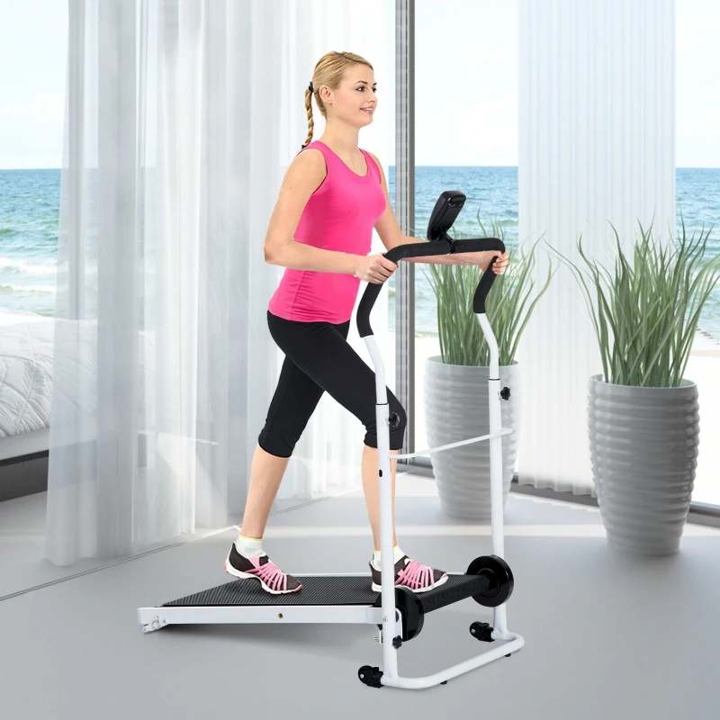 HOMCOM Cinta de Andar Manual Caminadora Plegable Portátil Pantalla LCD 2 Niveles de Inclinación Carga 110kg Blanco