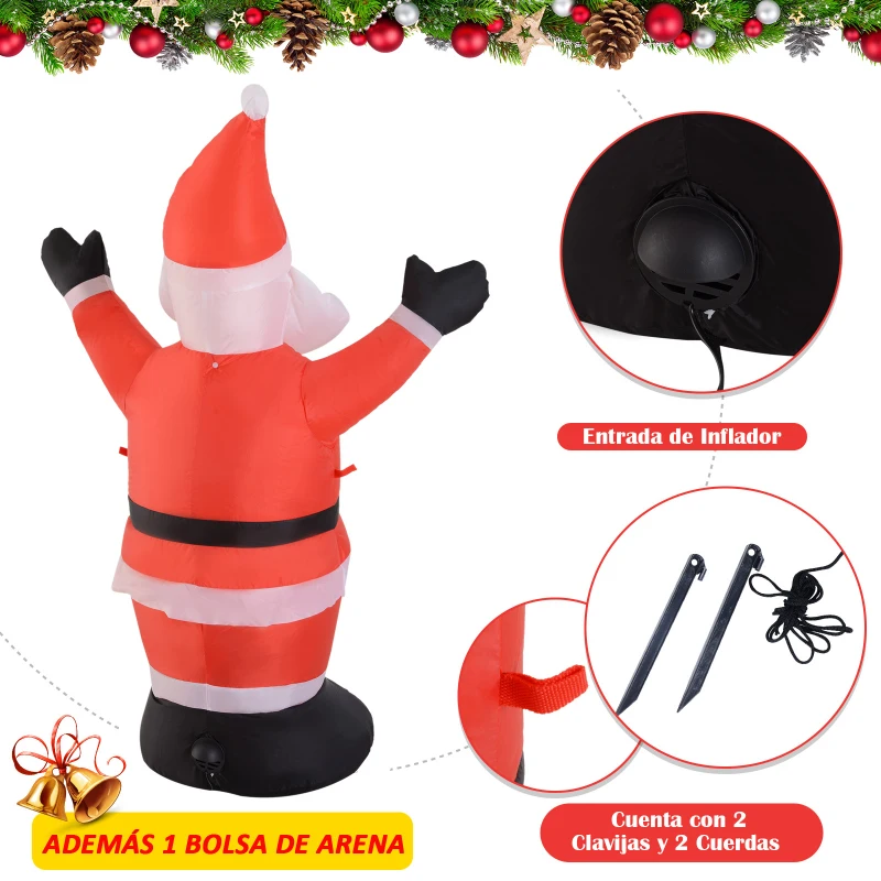 HOMCOM Santa Claus Inflable 1.2m Papá Noel Hinchable Decoración Navidad Iluminación LED con inflador para Interior Exterior 80x40x120cm