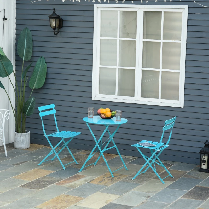 Outsunny Conjunto Muebles Plegables de Jardín de 3 piezas Mesa y 2 Sillas de Metal para Balcón Terraza Exteriores Ø60x71 cm Azul