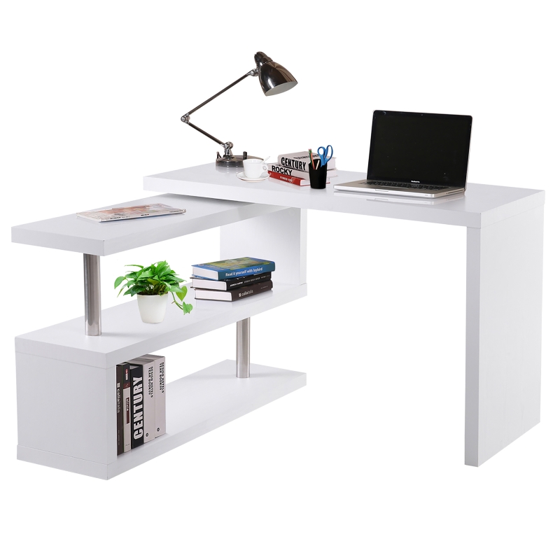 HOMCOM Mesa de Ordenador PC Escritorio de Esquina Giratorio 360 Grados en Forma de L con Estantes para Oficina en Casa 114x120x76,1 cm Blanco