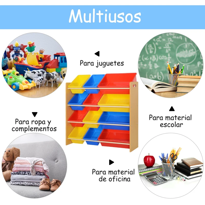 HOMCOM Estantería Organizador para Juguetes Libros Estante de Almacenamiento Habitación Infantil de 3 Niveles 12 Cajas 86x26.5x78cm