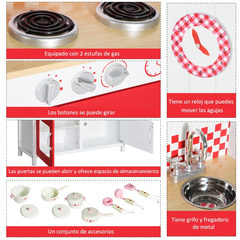 HOMCOM Cocina de Juguete Grande de Madera tipo Juego de Imitación con Accesorios para Niños +3 Años 70x30x88cm