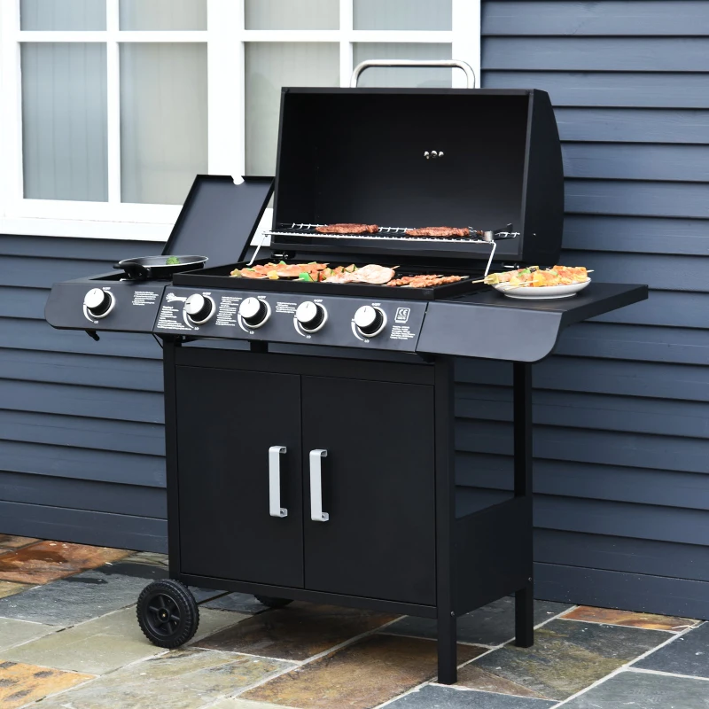 Outsunny Barbacoa de Gas con 5 Quemadores de Acero Inoxidable 14,4 KW Fogón y Parrilla con Tapa y Ruedas 125x51x100 cm Negro