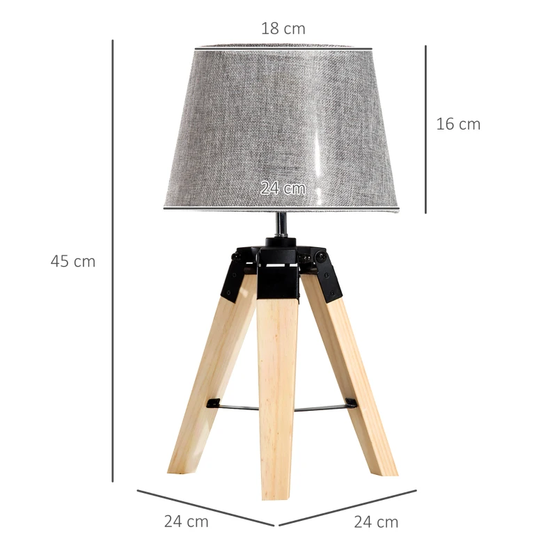 HOMCOM Lámpara de Mesa Moderna y Original con Base Trípode de Madera y Pantalla de Tela Lino para Salón o Dormitorio 24x24x45cm E27 Máx. 40W Gris