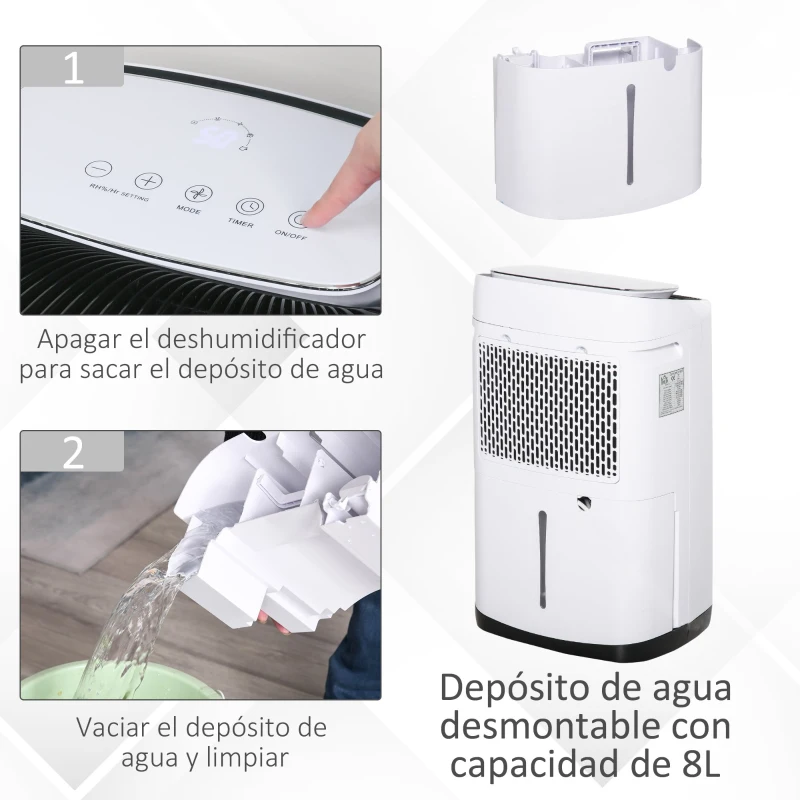 HOMCOM Deshumidificador Eléctrico de 8000ml 20L/Día con 3 Modos y 4 Velocidades con Apagado Automático y Temporizador Silencioso Función Secado de Ropa para Hogar Oficina 37x30x61cm Blanco