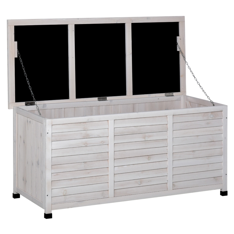Outsunny Baúl de Madera Exterior Caja de Almacenamiento de Jardín con Tapa Abrible y Diseño Persiana 127x56x60 cm Blanco